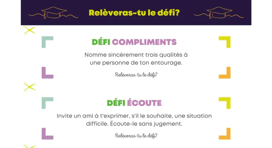 Une idée de projet d'animation : des défis pour cultiver les compliments et l'écoute active, avec des visuels ludiques et des éléments à découper.