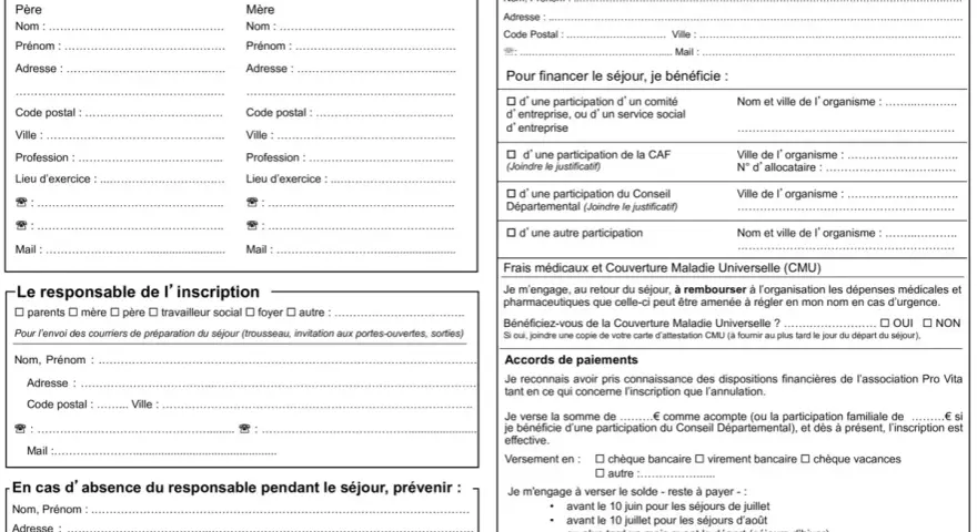 Formulaire de renseignements pour un voyage scolaire, avec sections sur les parents, le responsable de l'inscription et les modalités de paiement.