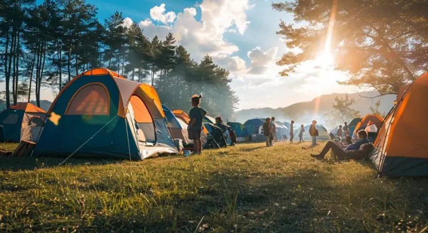 Un campement de tentes colorées sous un ciel bleu éclatant. Des enfants jouent et des adultes se détendent, profitant d'un moment de camping mineur paisible.