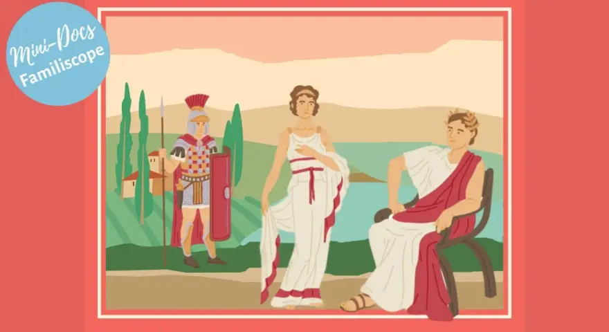 Illustration de la Rome antique avec un soldat, une femme et un homme assis.