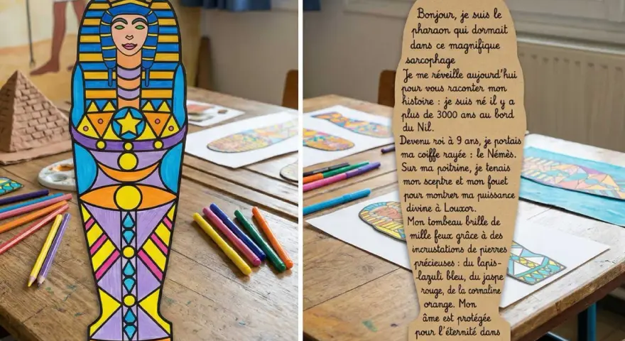 Sarcophage égyptien coloré et texte sur papyrus, sur une table avec des feutres.