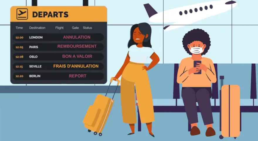 Attente à l'aéroport pour un remboursement de voyage scolaire suite à une maladie. L'avion est visible.