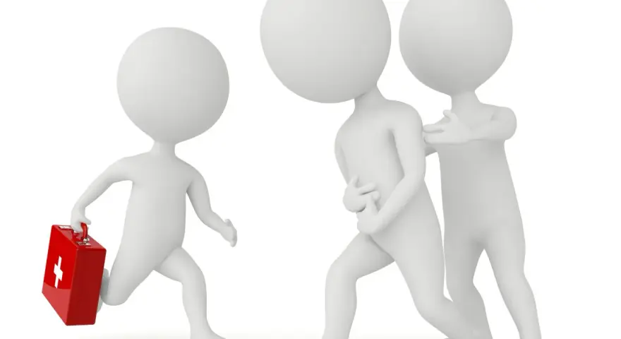 Trois personnages stylisés : un court avec une trousse de secours, un autre se tenant le ventre, et un troisième le soutenant.