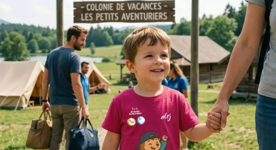 Un enfant souriant tient la main d'un adulte, devant une colonie de vacances. Sa définition de "pai" est claire : des vacances sans souci pour les allergies alimentaires.