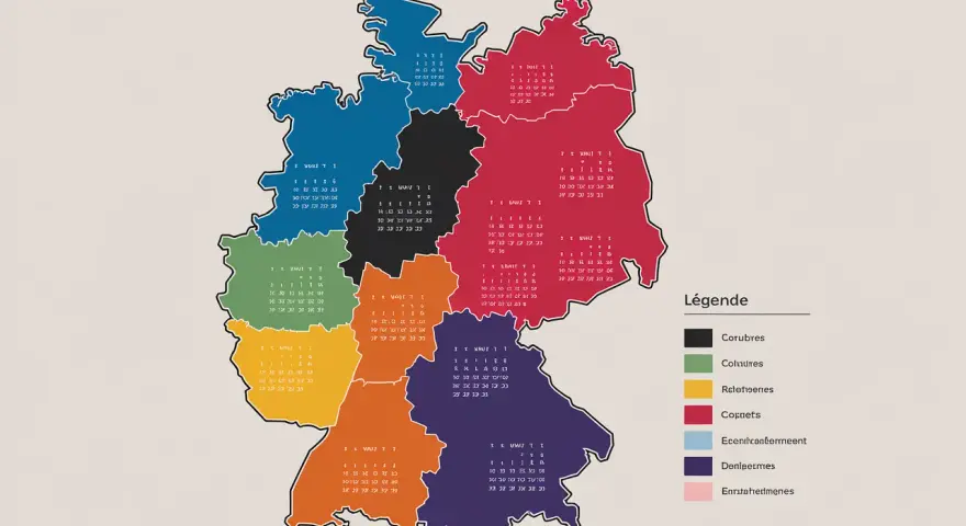 Carte de l'Allemagne divisée par régions colorées, avec des dates et une légende.