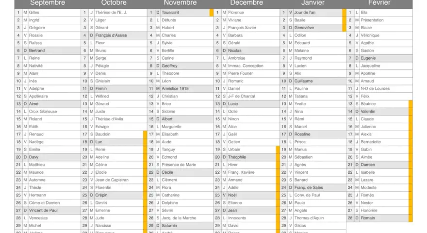 Calendrier 2026-2027 avec les mois de Septembre à Février et des noms.