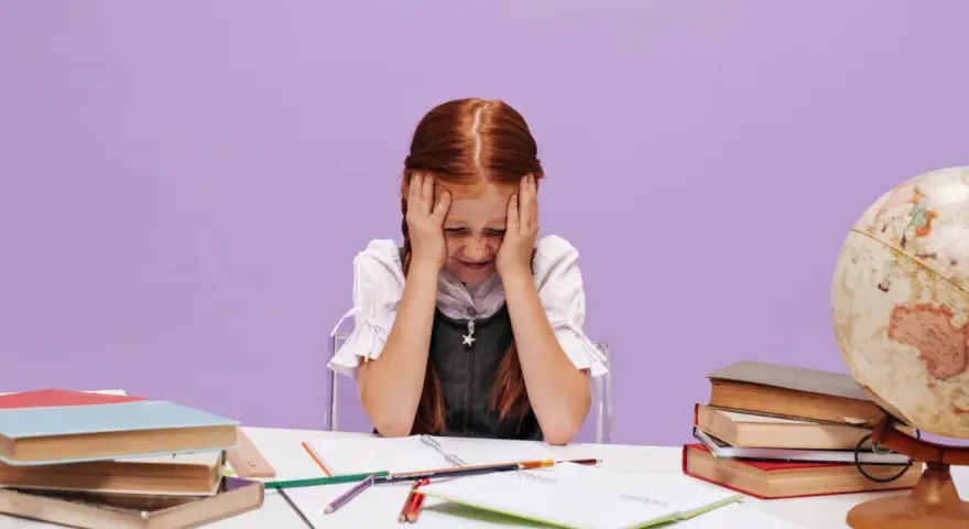 Une petite fille rousse, les mains sur la tête, semble dépassée par ses devoirs. La scène évoque les défis de la réglementation du dortoir maternelle.