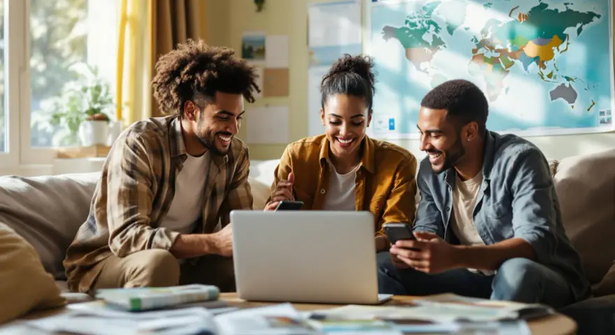 Trois jeunes adultes souriants regardent un ordinateur portable sur un canapé, une carte du monde au mur.