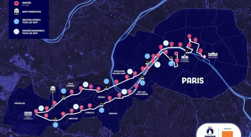 Carte du parcours du marathon de Paris avec des points de ravitaillement et de rafraîchissement.