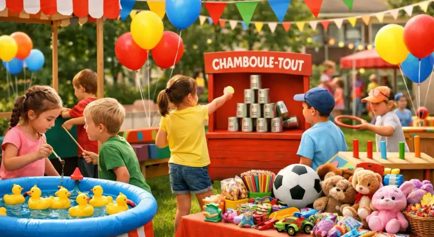 Enfants s'amusant à la kermesse, jeux de chamboule-tout, pêche aux canards, et jouets. 60 idées de jeux pour kermesse.