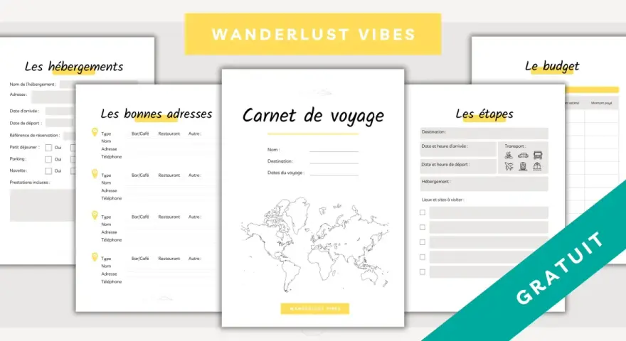 Ensemble de fiches pour une fiche organisation voyage : hébergements, bonnes adresses, carnet de voyage, étapes et budget.