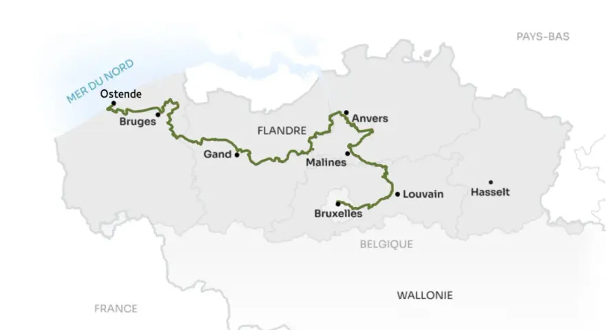 Carte de la Flandre avec un itinéraire vert reliant Ostende, Bruges, Gand, Malines, Anvers, Bruxelles, Louvain et Hasselt.