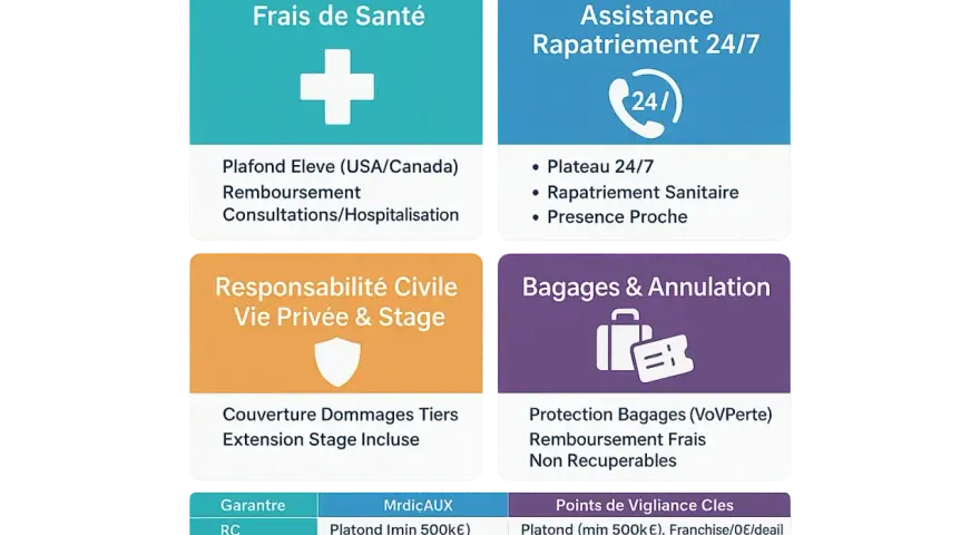 Tableau récapitulatif des garanties d'assurance voyage scolaire : frais de santé, rapatriement, responsabilité civile, bagages et annulation.
