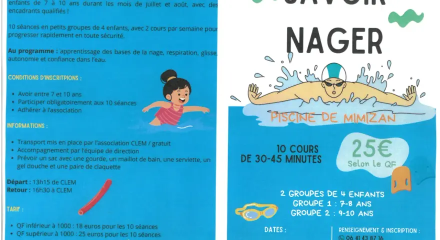 Affiche pour des cours de natation "Savoir Nager" pour enfants de 7 à 10 ans à Mimizan. Le programme inclut un diplôme de natation scolaire.