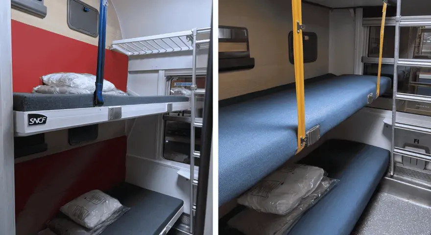 Compartiments couchettes SNCF, lits superposés. Le car couchette interdit en France pour des raisons de sécurité.