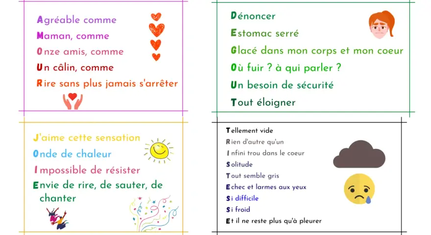 Acrostiche le jeu : quatre poèmes sur les émotions, de la joie à la tristesse, avec des illustrations.