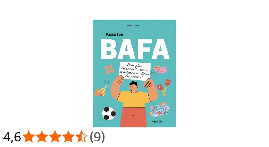 Illustration d'une couverture de livre "Passe ton BAFA" avec un personnage tenant une pancarte et des icônes d'activités.
