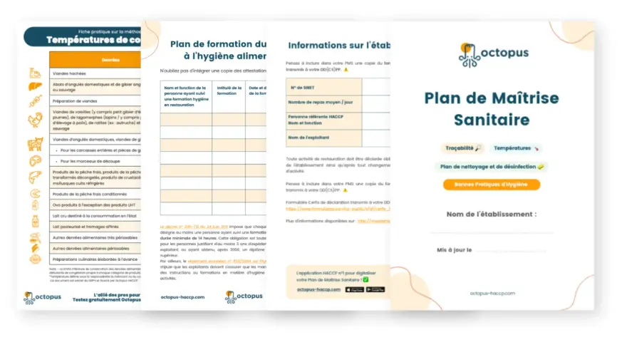 Fiche technique préparation des repas : plan de maîtrise sanitaire, traçabilité, températures, nettoyage, hygiène.