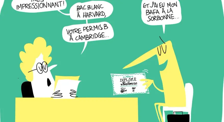Dessin humoristique : un candidat présente un diplôme de la Sorbonne, tandis qu'un recruteur lit des qualifications impressionnantes.