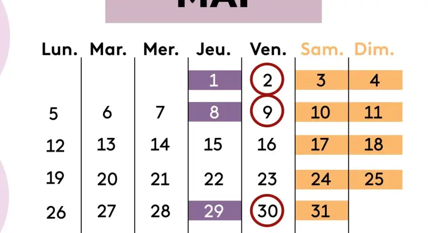 Calendrier du mois de mai. Les dates du 2, 9 et 30 sont entourées, peut-être pour marquer des jours de vacances scolaires en Europe.