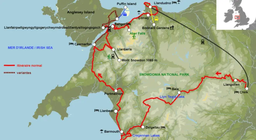 Carte d'un itinéraire de séjour au Pays de Galles, traversant Snowdonia, Anglesey et la côte.