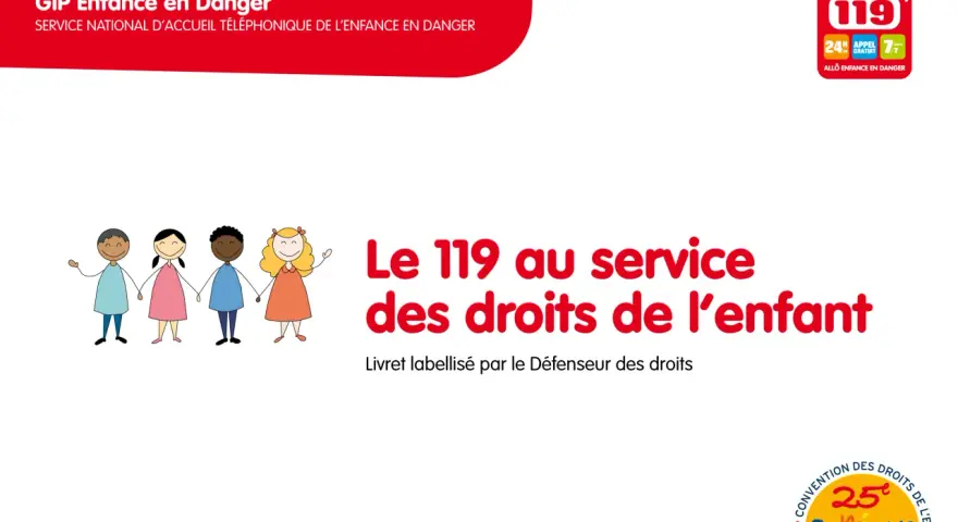 Dessin d'enfants de différentes origines se tenant la main, avec le numéro 119 et le texte "Le 119 au service des droits de l'enfant".