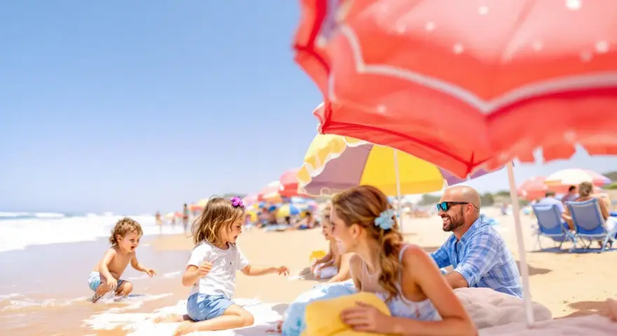 Famille souriante sur une plage ensoleillée, sous des parasols colorés, avec des enfants jouant dans l'eau.