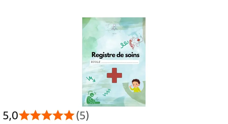 Registre de soins pour l'école, avec des icônes médicales et un enfant malade.