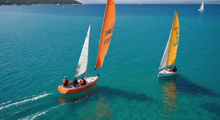 Deux voiliers naviguent sur une mer turquoise, l'un avec une voile orange, l'autre jaune.