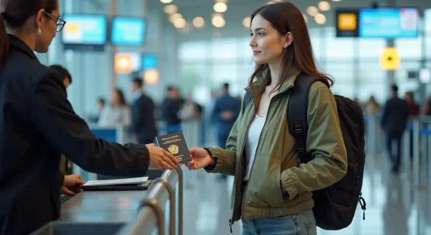 Une jeune femme remet son passeport à un agent à l'aéroport. Faut-il un passeport pour aller à Majorque ? La réponse dépend de votre nationalité.