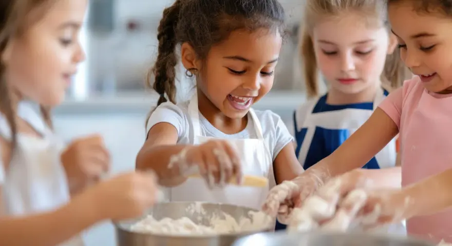 Des enfants joyeux préparent une recette dans des tabliers, les mains couvertes de farine.