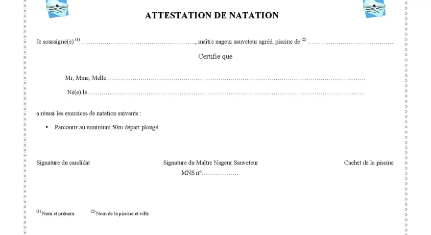 Attestation de natation avec logo, champ pour nom, date de naissance et exercice réussi.
