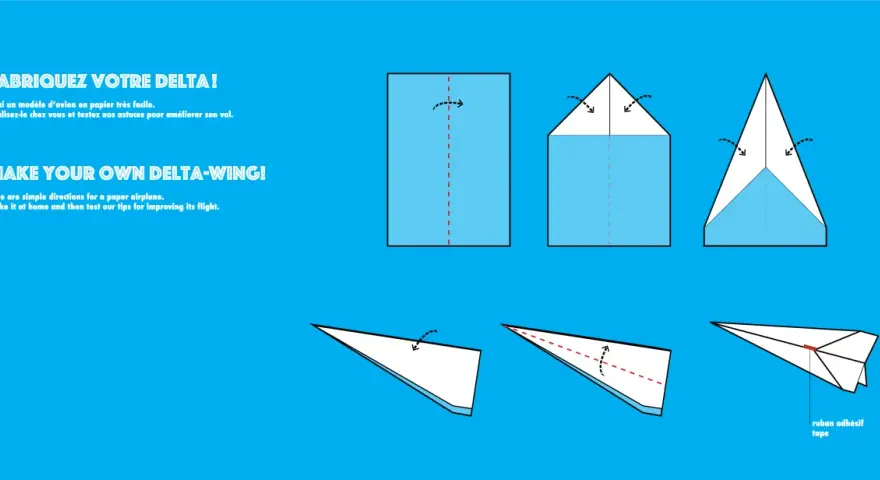 Illustration montrant les étapes de pliage d'un avion en papier, avec un avion terminé.
