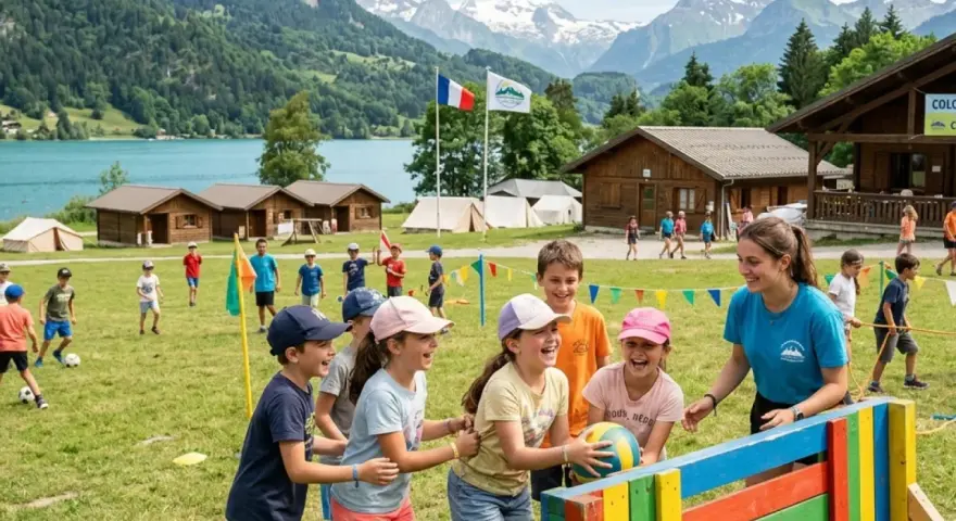 Animation colonie de vacances : des enfants rient en jouant avec un ballon, une monitrice les supervise. Paysage de montagne et lac en arrière-plan.