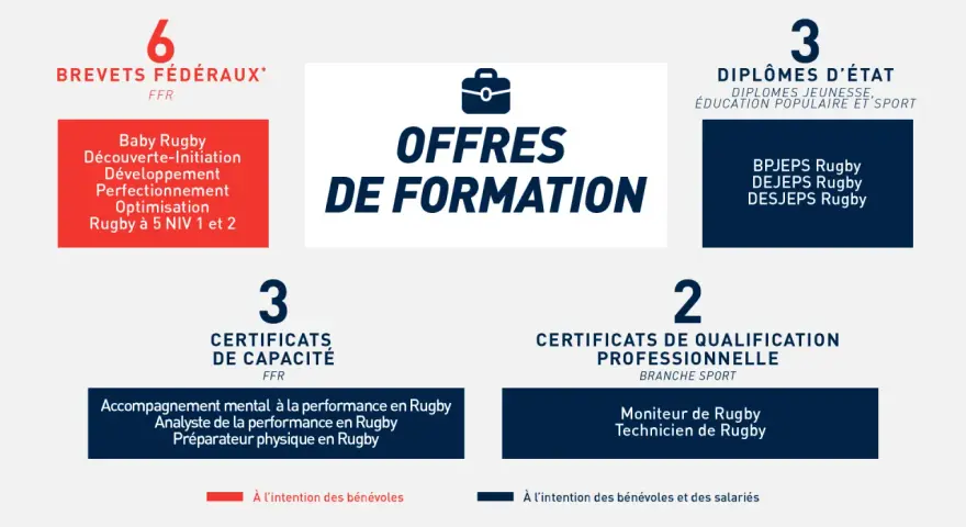 Schéma des offres de formation rugby : brevets fédéraux, diplômes d'État, certificats de capacité et de qualification.