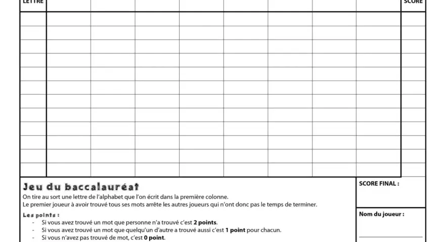 Grille de jeu "Jeu du baccalauréat" avec des colonnes pour les lettres et les scores. Un petit bac est suggéré pour le jeu.