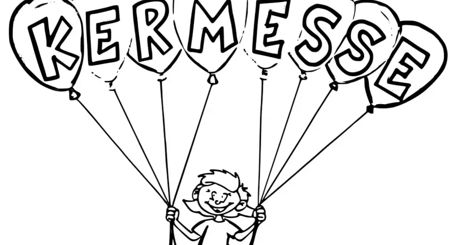 Dessin d'une joyeuse enfant sur une balançoire, portée par des ballons formant le mot "KERMESSE".