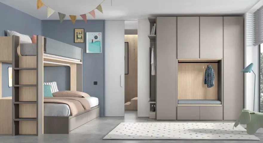 Lit superposé moderne avec rangements intégrés dans une chambre d'enfant lumineuse.