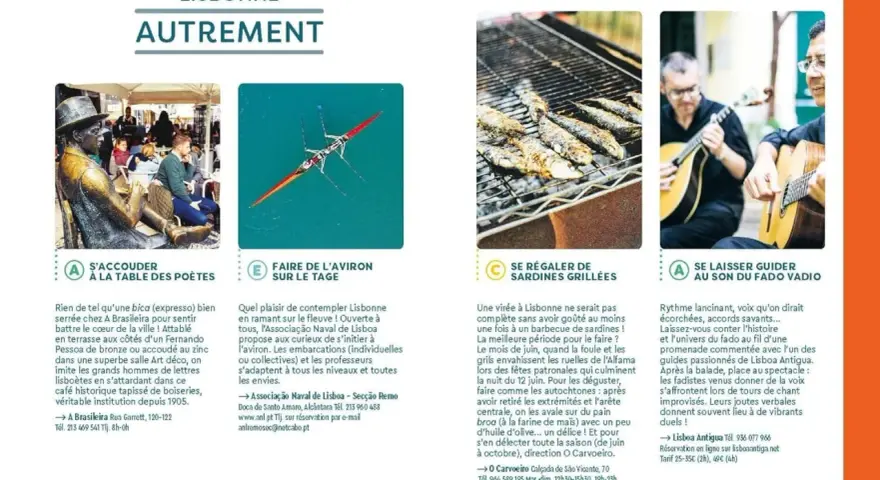 Lisbonne autrement : s'accouder à la table des poètes, faire de l'aviron sur le Tage, se régaler de sardines grillées, se laisser guider au son du Fado. Idéal pour vos vacances scolaires au Portugal.