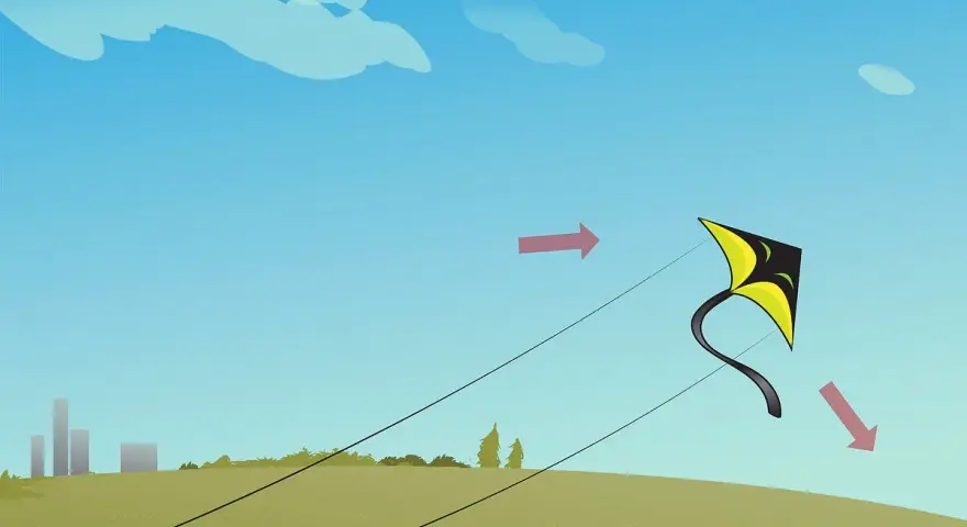 Un cerf-volant jaune et noir s'envole dans un ciel bleu. Une activité manuelle pour s'amuser dehors.