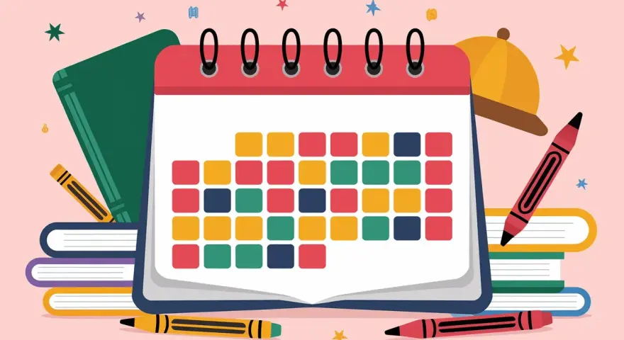 Un calendrier scolaire coloré avec des livres, des crayons et un chapeau.