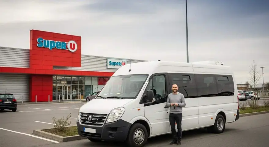 Un homme pose à côté d'un minibus 9 places permis B, devant un Super U.