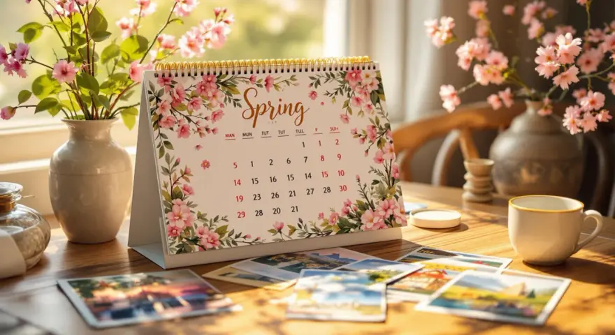 Calendrier de printemps décoré de fleurs roses, avec des photos et une tasse de café.