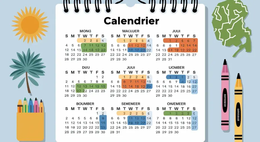 Calendrier coloré avec des crayons, un soleil et un palmier, parfait pour planifier les vacances scolaires à Amsterdam.