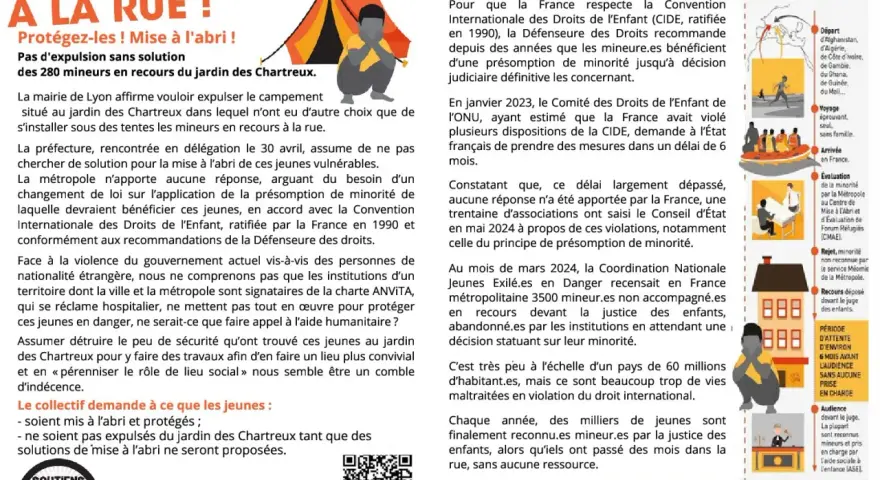 Mineurs isolés à la rue à Lyon, sans solution de mise à l'abri. Appel à la protection et à la fin des expulsions, dans le respect de la réglementation sur le séjour de vacances.