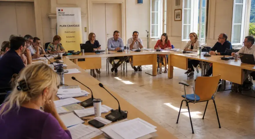 Réunion de travail sur le plan canicule. Un assistant sanitaire prépare la mobilisation, la solidarité et la prévention.