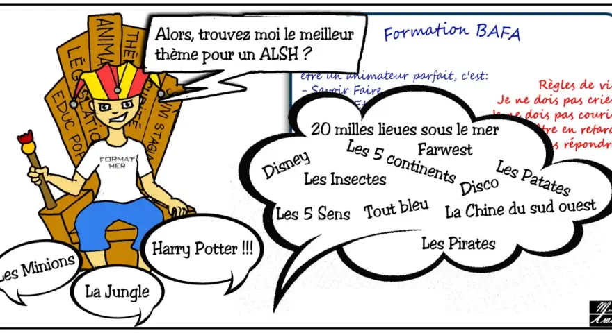 Dessin d'un animateur sur un trône, entouré de bulles de thèmes pour ALSH et de règles de vie.