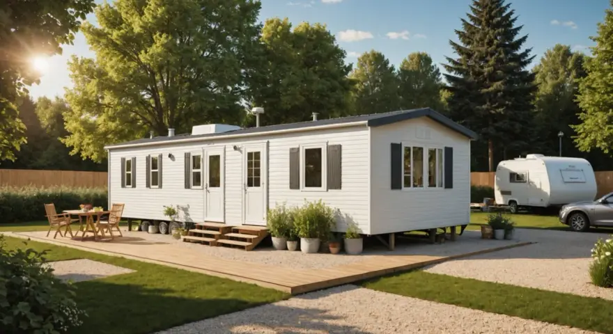 Maison mobile blanche avec terrasse en bois, table et chaises, dans un camping verdoyant.