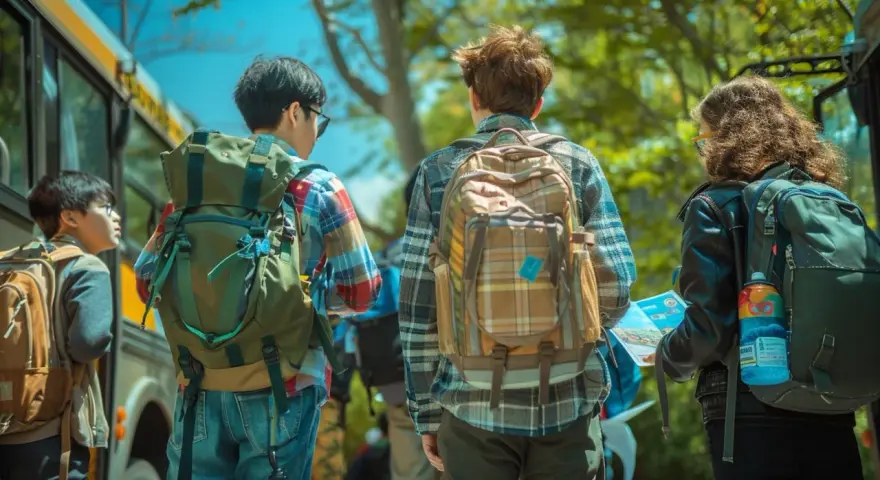 Trois jeunes avec des sacs à dos près d'un bus, prêts pour leur voyage scolaire. L'aide financière pour voyage scolaire rend ces aventures possibles.