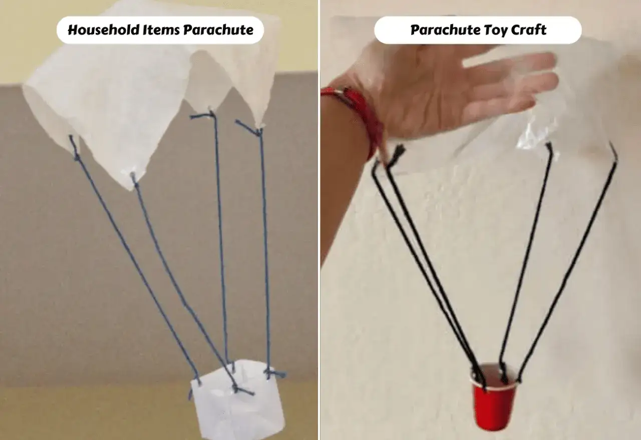 Deux parachutes jouets faits maison, un avec du papier et des fils bleus, l'autre avec du plastique et des fils noirs, montrant comment fabriquer un parachute.
